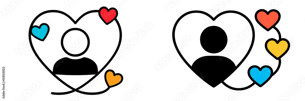 Fototapete Heart-shaped outline featuring two figures with colorful hearts representing connection and affection in a simple design