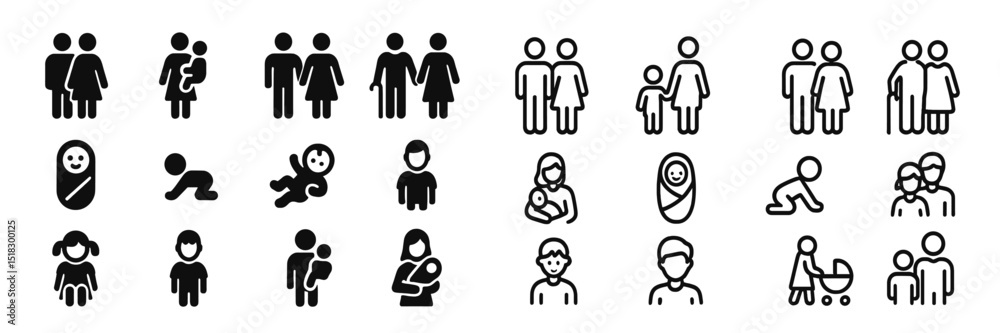 Poster diverse family representations showcasing various relationships and stages of life in a minimalist s