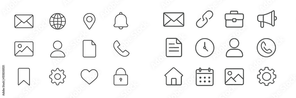 Fototapete collection of minimalistic icons representing various communication and organizational concepts on a