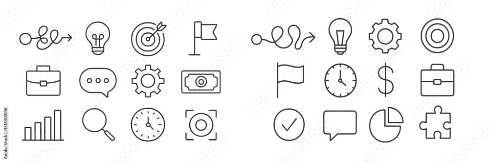 Aufkleber collection of simple icons representing business concepts, tools, and processes for organizational a