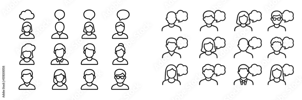 Poster diverse group of people with speech bubbles representing communication and ideas in a modern workspa