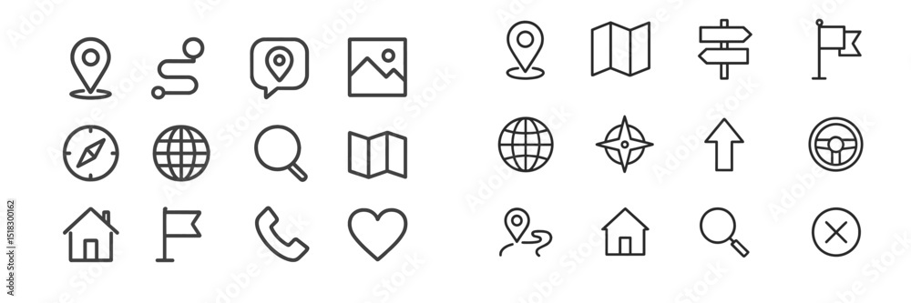 Fototapete line art collection of location and navigation icons with various symbols for maps and directions