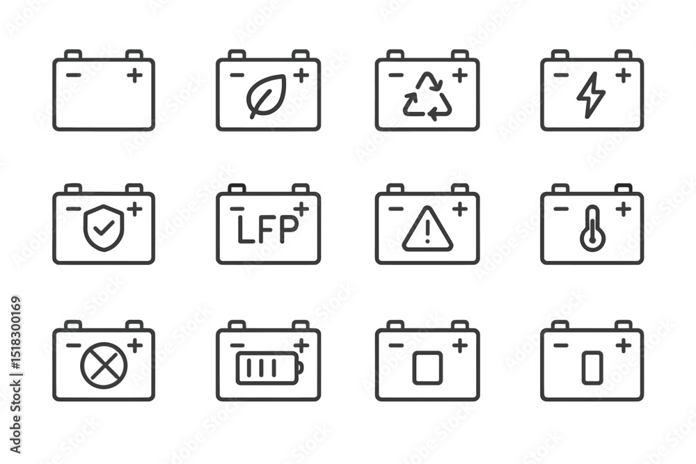 Poster Various battery icons depicting different symbols and indicators for energy storage and usage