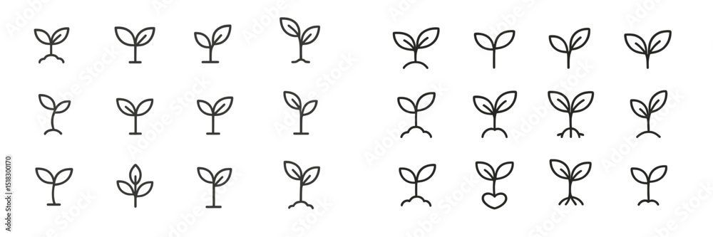 Poster collection of simple plant icons illustrating various stages of growth and development for use in na