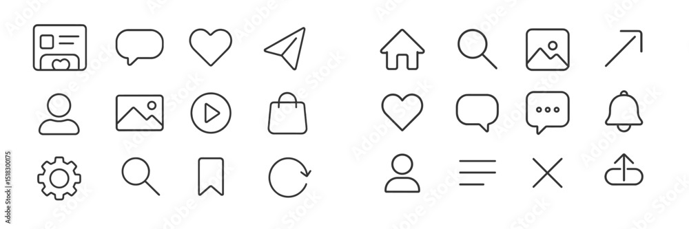 Aufkleber Collection of minimal outline icons representing various functions for user interface design and digital communication
