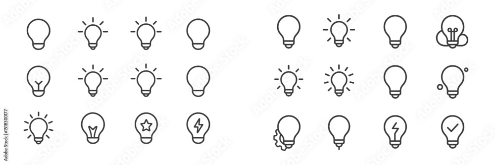 Poster collection of light bulb icons showcasing various designs and styles for creative inspiration and de