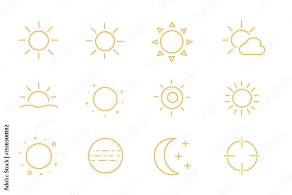 Poster Collection of sun and moon icons showcasing various phases and styles in a minimalist design on white background