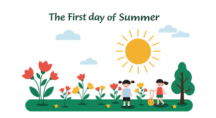 Cute Cartoon Illustration of the First Day of Summer with Children