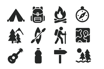 Camping icons featuring tents, backpacks, and outdoor activities in a monochrome style targeting adventure enthusiasts