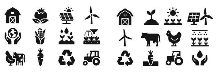 Collection of agricultural icons showcasing farming activities and sustainable practices