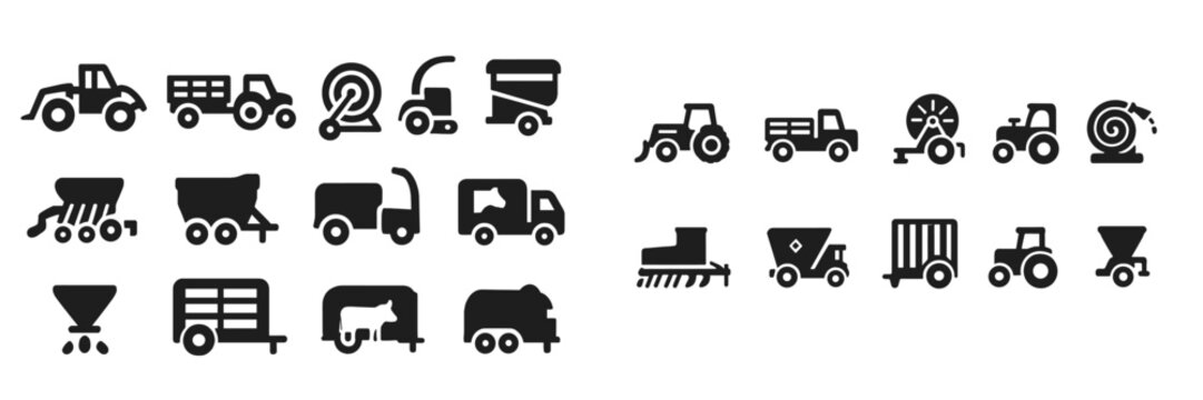 Fototapeta Collection of agricultural vehicle and equipment icons depicting farming activities and machinery in a clear, geometric style