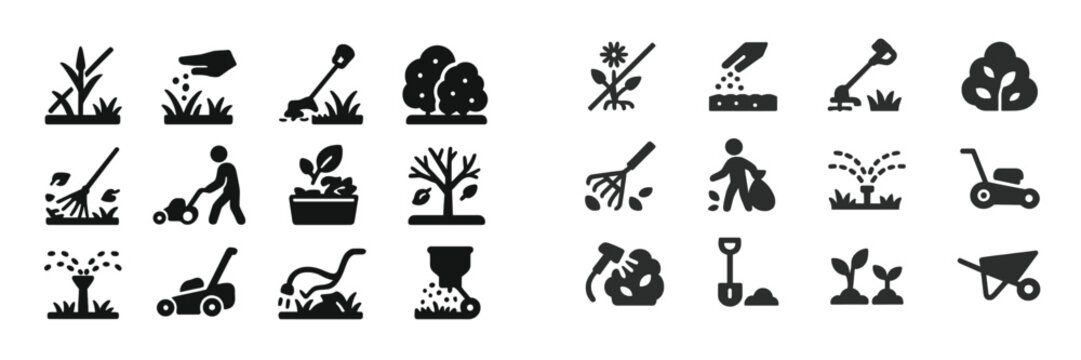 Gardening and landscaping icons representing various tasks such as planting, mowing, and watering in simplified black designs