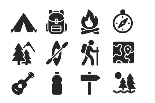 Camping icons featuring tents, backpacks, and outdoor activities in a monochrome style targeting adventure enthusiasts - Powered by Adobe