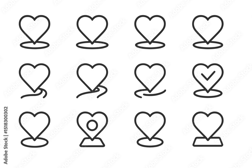 Poster Collection of heart icons with location markers displayed on a simple grid layout on a white background