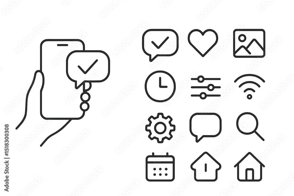 Poster Hand holding a smartphone with notification symbols illustrating communication and productivity tools in a modern digital setting