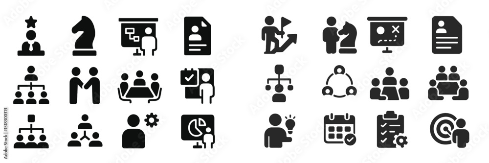 Poster Icons representing various business concepts and teamwork activities in a minimalist design suitable for presentations or reports