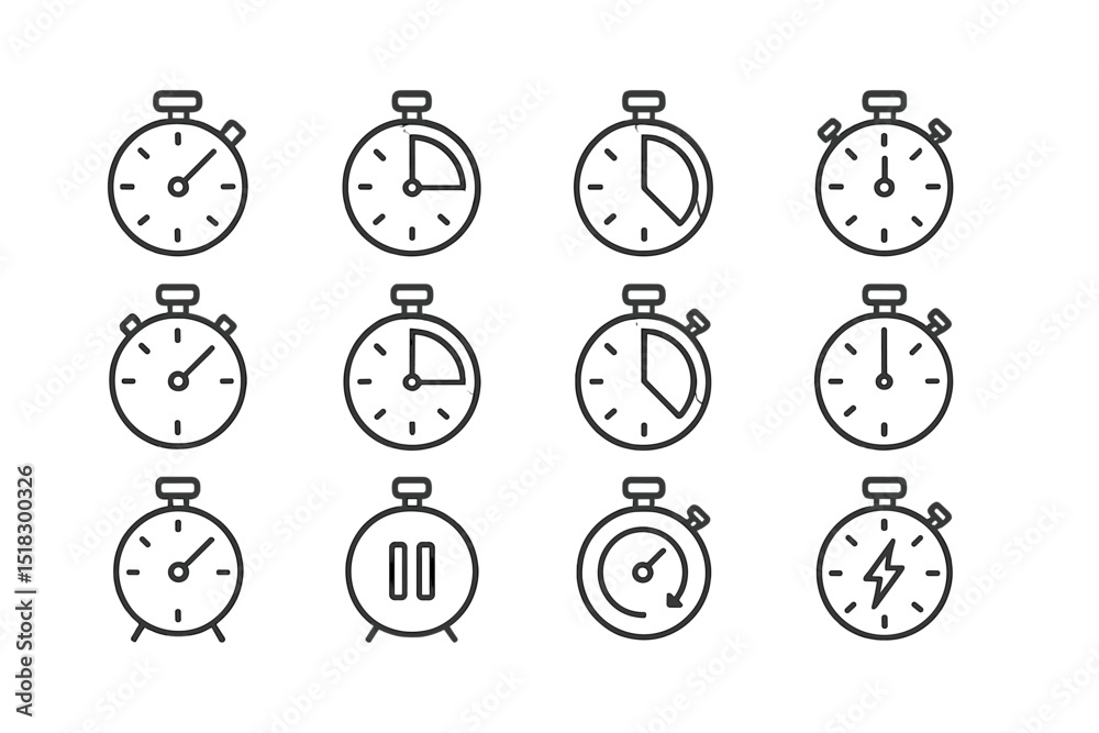 Aufkleber Collection of diverse stopwatch designs depicting various time intervals and functions in a minimalist style