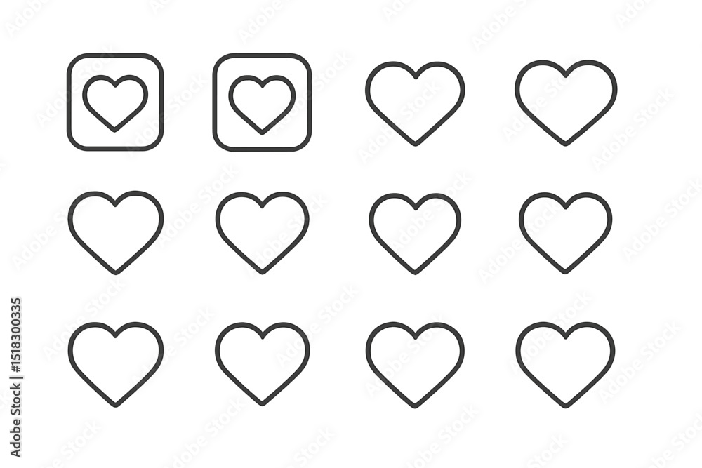 Poster Various heart icons displayed in simple outlines on a clean background showcasing different styles and sizes of love symbols