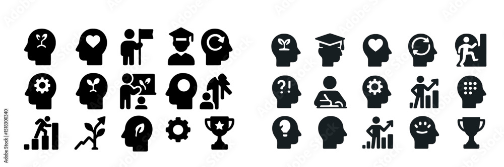 Aufkleber Icons representing various concepts related to personal development and mental health in a minimalist style