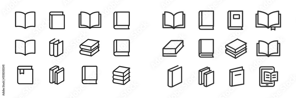 Poster Collection of diverse book icons showcasing various book types and formats in black and white on a minimalistic background