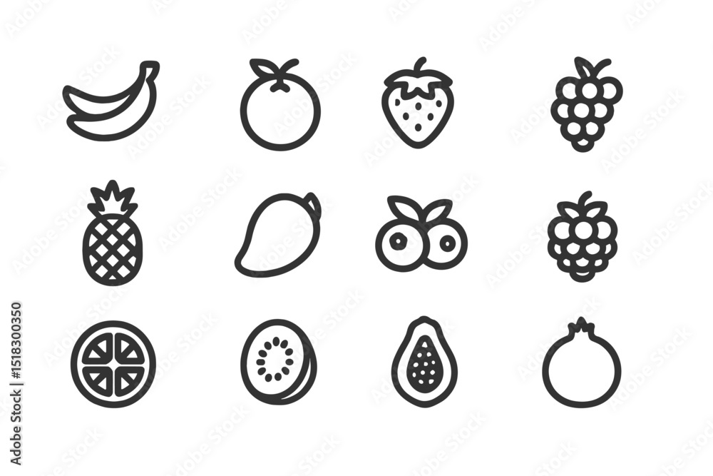 Poster Colorful collection of assorted fruits arranged in a grid pattern showcasing their unique shapes and textures