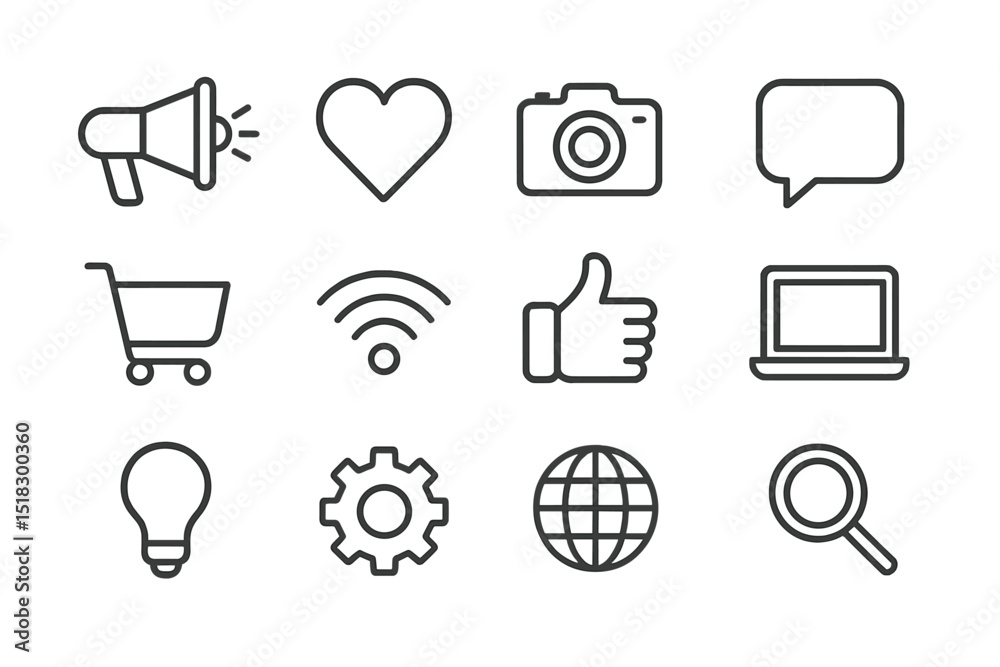 Poster symbols representing communication, technology, and emotions in a minimalistic design ideal for digi