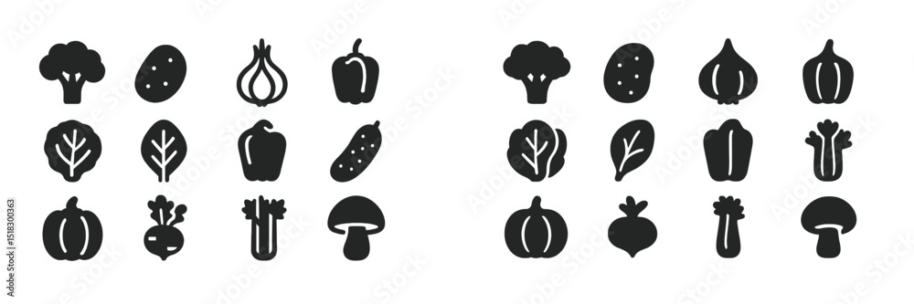 Poster various black silhouette vegetable icons arranged in a grid with diverse shapes and forms