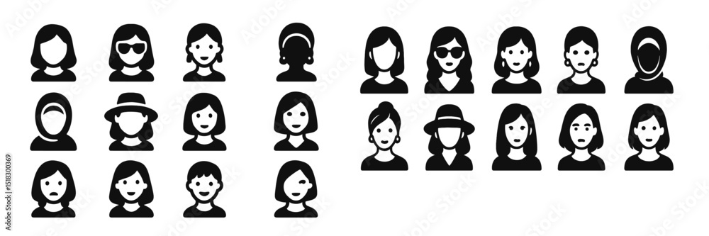 Poster diverse collection of illustrated characters displaying various hairstyles and facial expressions in