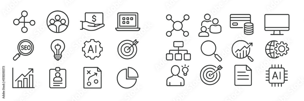 Poster diverse icons representing digital marketing, technology, and artificial intelligence concepts in a 
