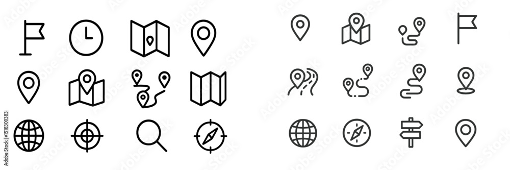 Poster collection of navigation and location icons arranged in a grid design for digital and print uses