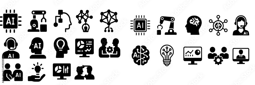 Aufkleber Collection of black icons representing artificial intelligence concepts, tools, and applications for technology enthusiasts