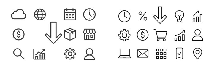 Various icons representing business, technology, finance, and analytics displayed on a clean white background