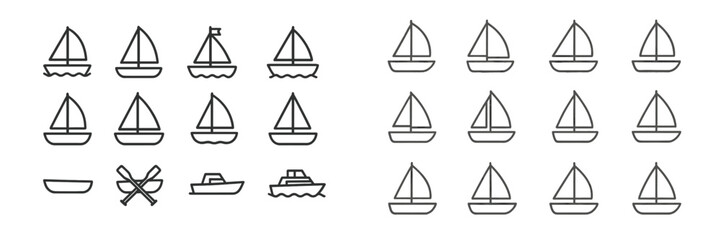 Collection of various boat illustrations featuring different types of sailboats and rowboats in a simple design