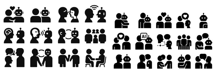 Robots and humans interacting in various social scenarios depicting connection and communication in modern society