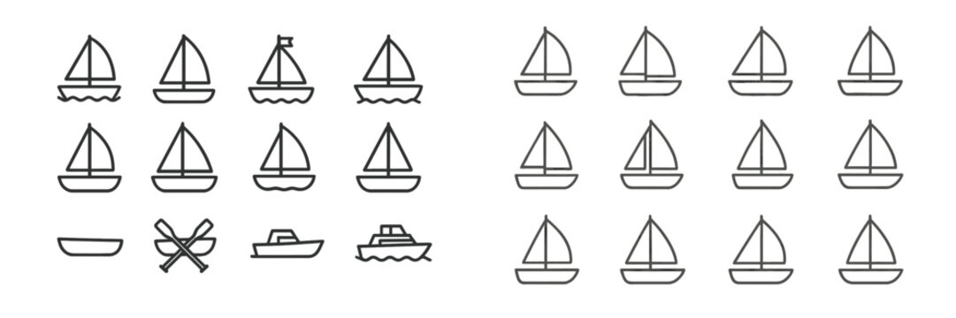 Collection of various boat illustrations featuring different types of sailboats and rowboats in a simple design