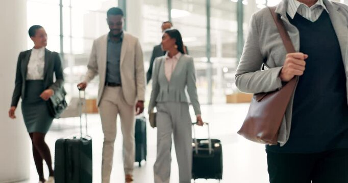 Business people, walking and suitcase at airport for travel, career opportunity or job migration. Group, employees or colleagues with luggage for corporate journey, transport or flight trip together