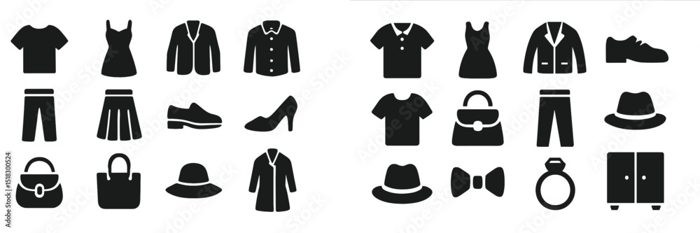 Poster silhouettes of various clothing items and accessories displayed in a stylish arrangement on a clean 