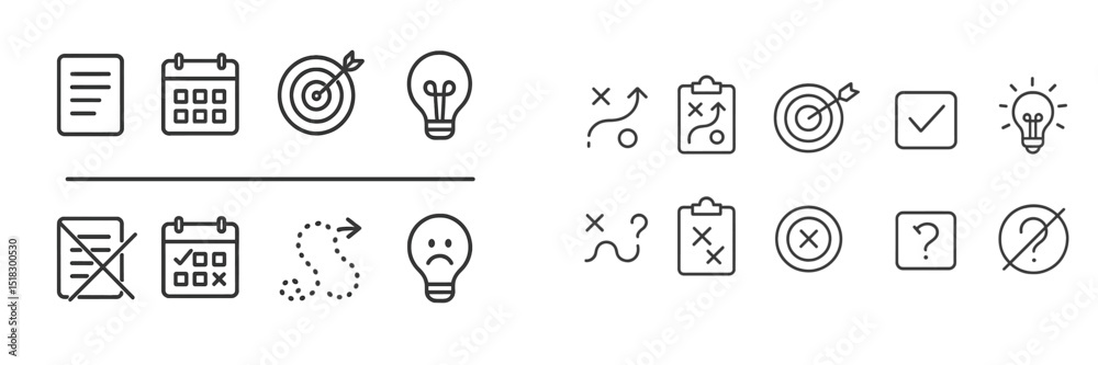 Poster symbols representing planning, brainstorming, and decision-making processes in a modern workspace se