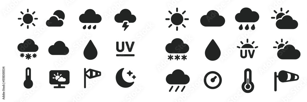 Poster Weather symbols representing various conditions including sun, clouds, rain, and temperature variations displayed in a structured layout