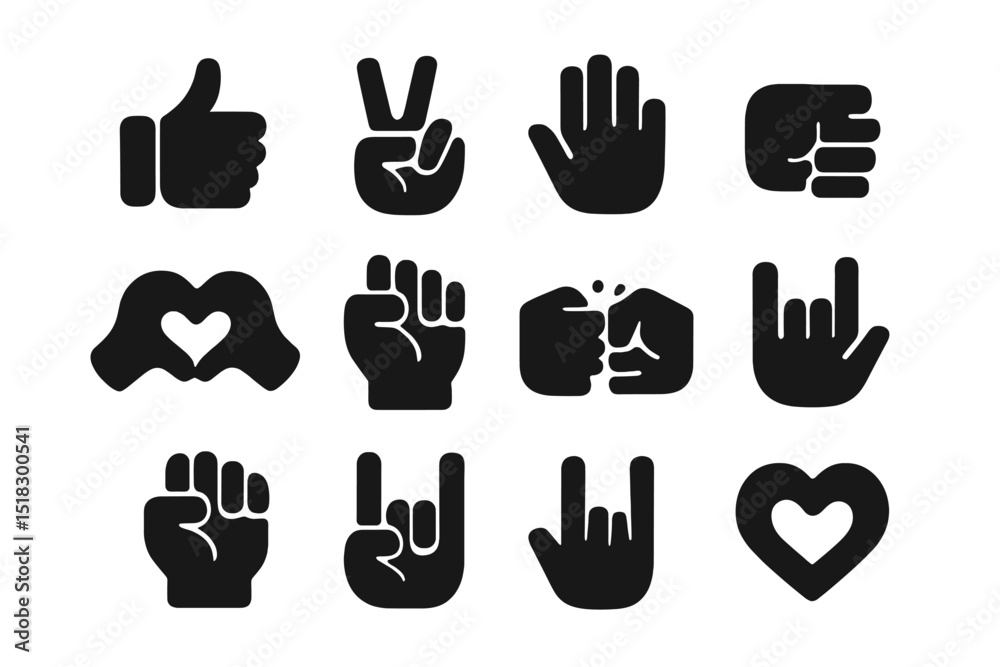 Aufkleber symbols of communication through hand gestures displayed in a grid layout featuring various iconic s