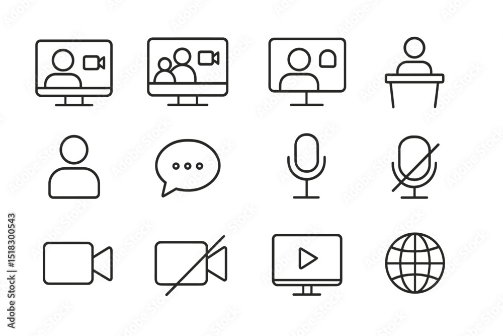 Poster collection of icons representing virtual communication tools and online conferencing activities