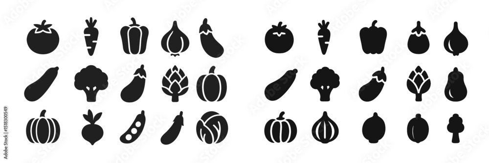 Poster various vegetables in black silhouette design on a white background arranged in a grid for visual ap