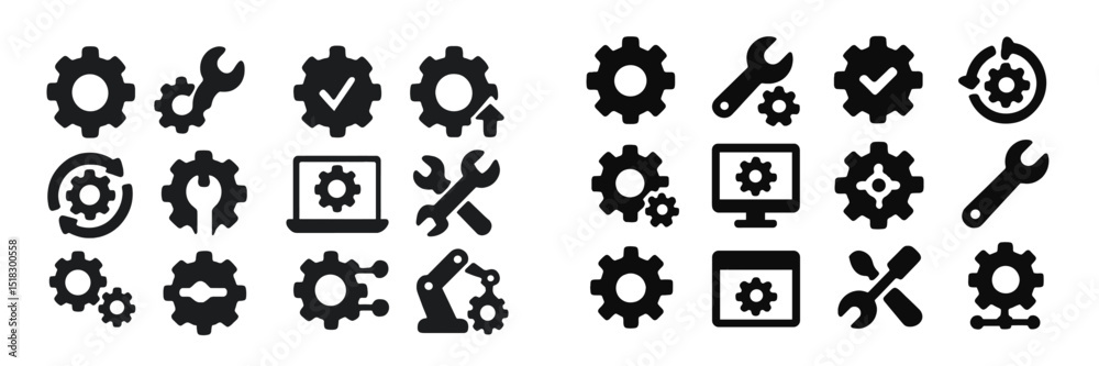 Poster Gear and tool icons collection showcasing various mechanical elements for design and branding purposes