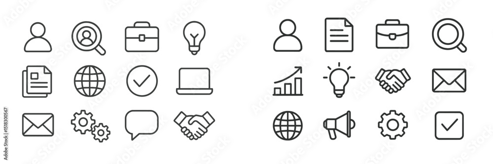 Poster variety of simple line icons representing business, communication, and technology concepts for organ