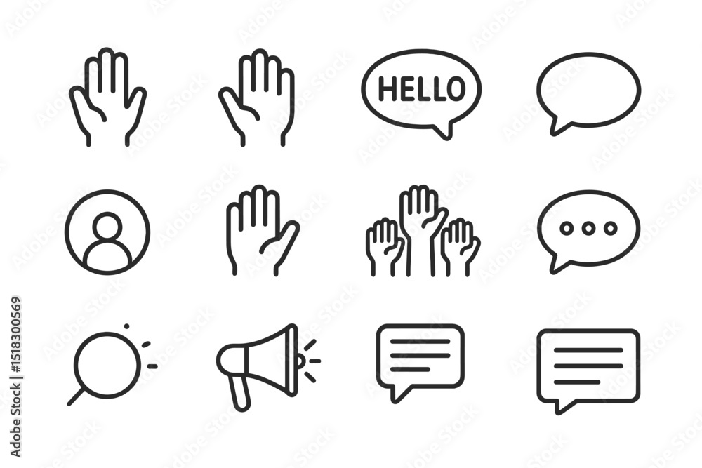 Fototapete collection of hand and speech bubble icons depicting communication concepts and interaction elements