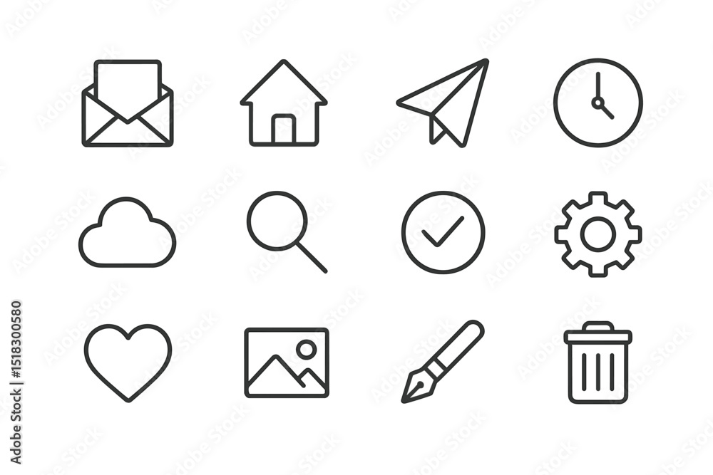 Aufkleber collection of simple line icons representing common digital and everyday tools showcasing communicat