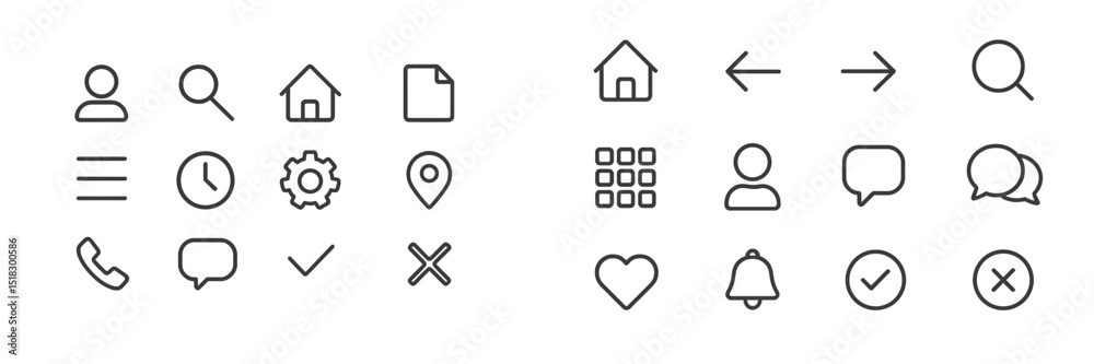 Aufkleber collection of minimalist line icons depicting various digital interface elements for user interactio