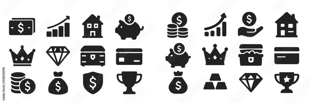 Poster various financial icons representing wealth and investment strategies in a minimalist design