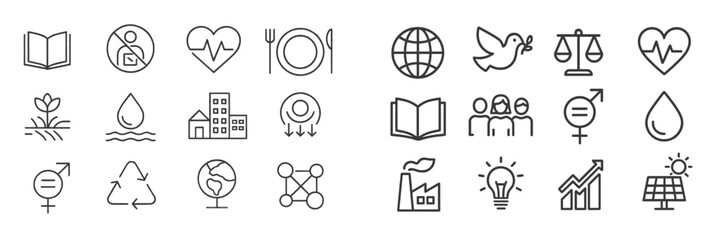 Symbols representing sustainability and social justice initiatives in a clean, minimalistic design for educational purposes