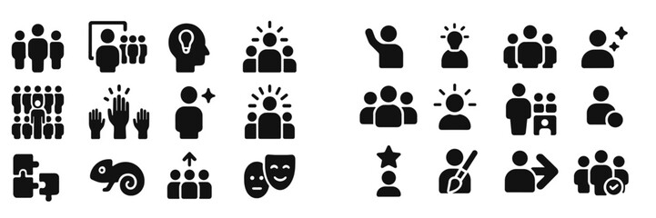 Icons representing group dynamics, creativity, community engagement, and teamwork in various activities and settings